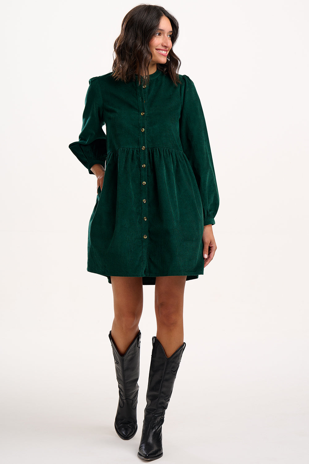 Brandy Mini Smock Dress - Green Cord