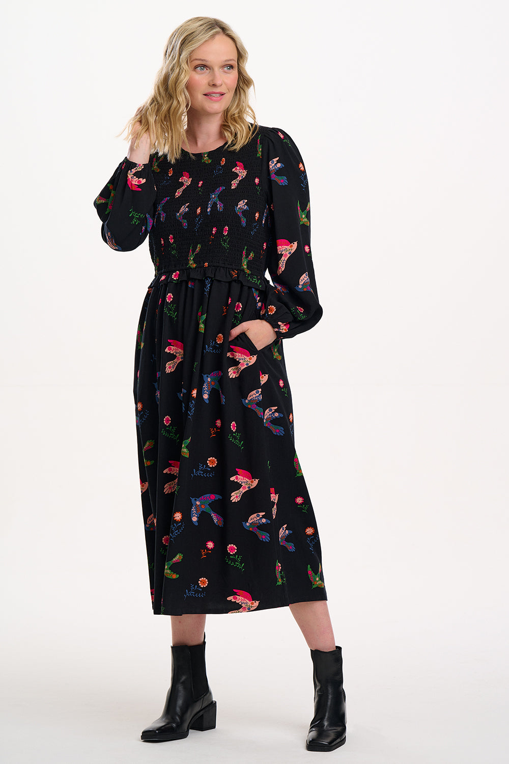 Darcie Shirred Midi Dress - Black, Rainbow Folk Bird