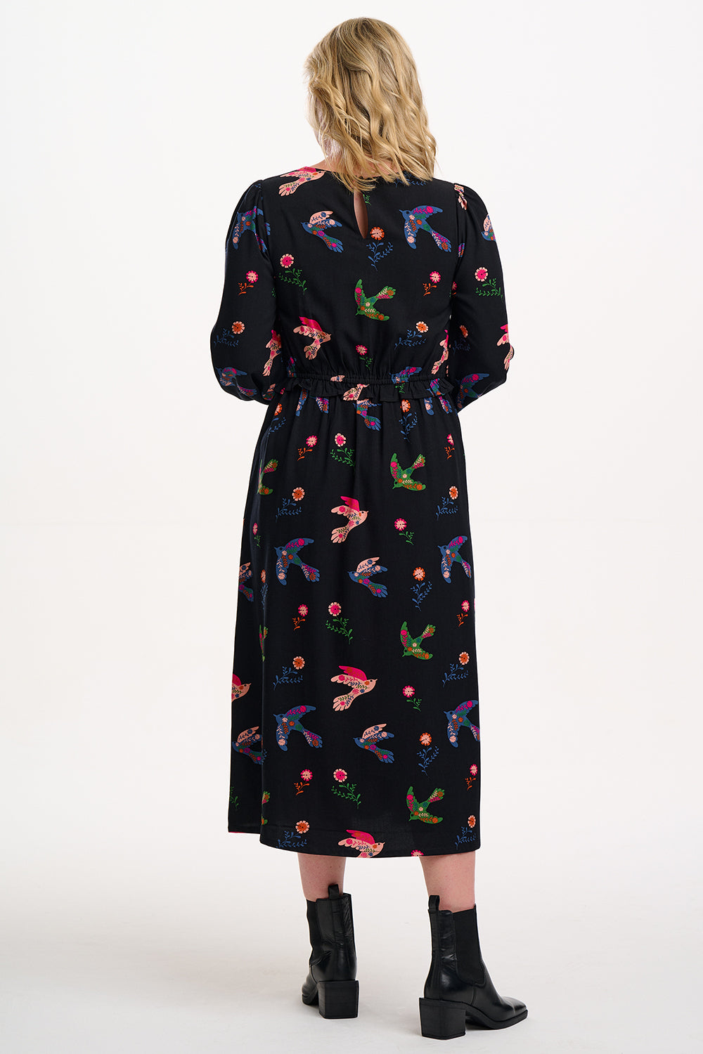 Darcie Shirred Midi Dress - Black, Rainbow Folk Bird