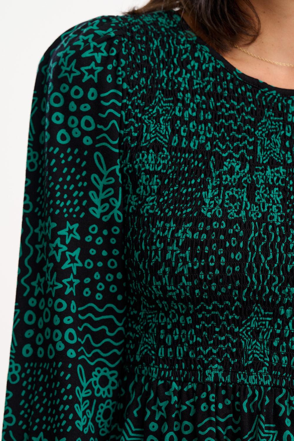 Dee Dee Jersey Shirred Mini Dress - Black/Green, Doodle Checkerboard