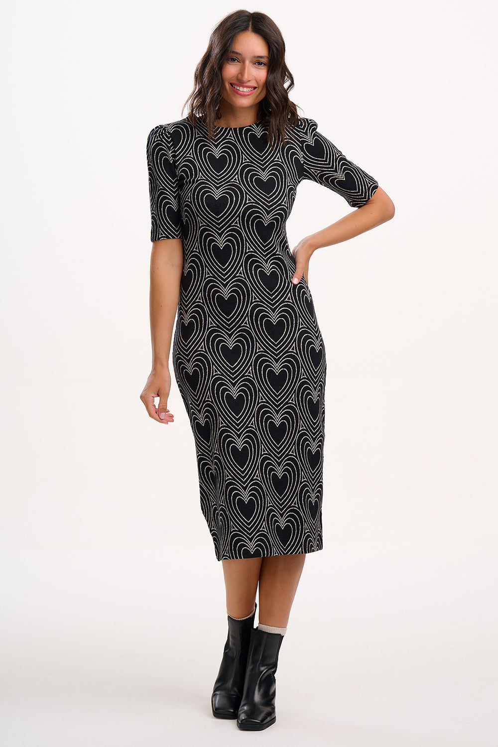 Hatsy Jersey Jacquard Midi Dress - Black/Off White, Heart Explosion