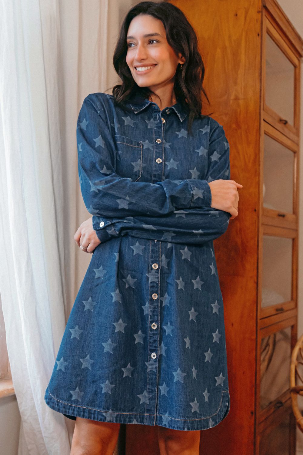 Ilsa Mini Shirt Dress - Mid Blue Denim, Bleached Stars