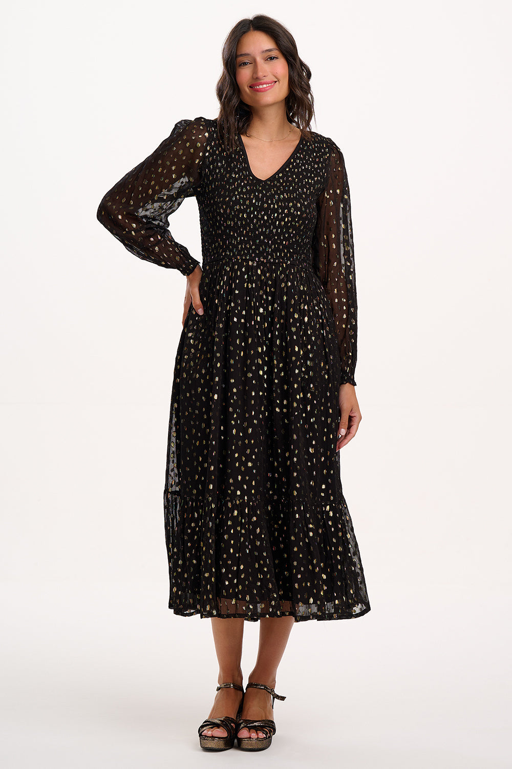 Jacqueline Shirred Midi Dress - Black, Metallic Spot