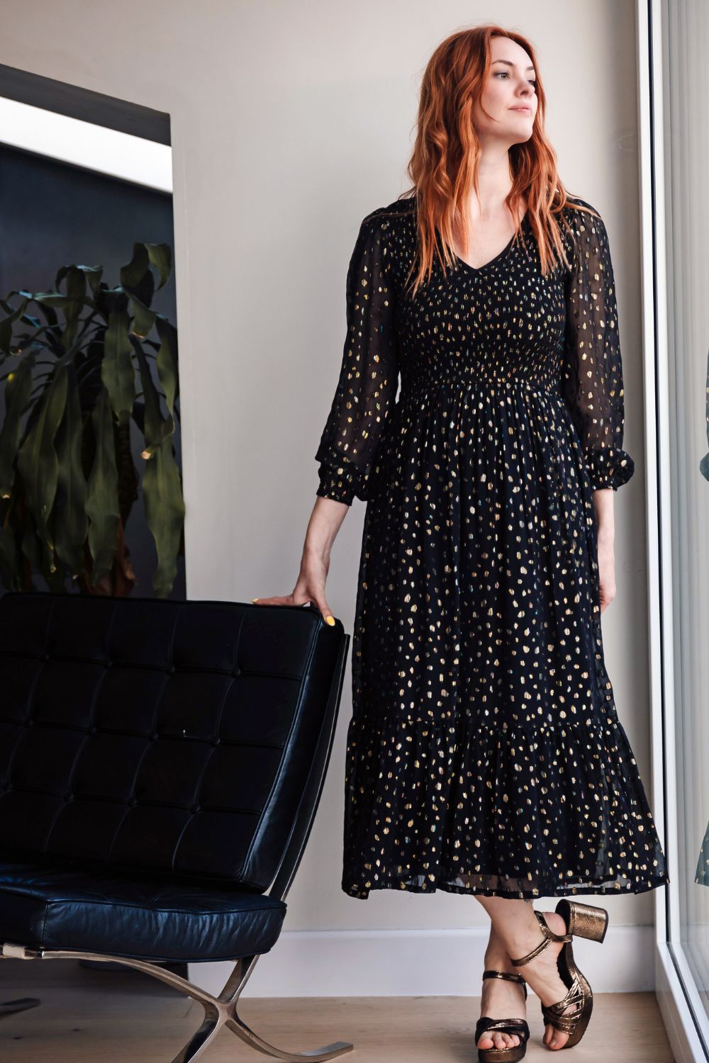 Jacqueline Shirred Midi Dress - Black, Metallic Spot