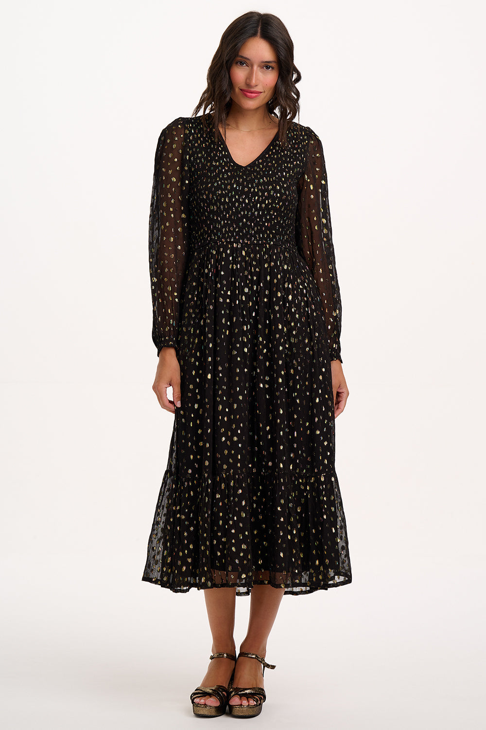 Jacqueline Shirred Midi Dress - Black, Metallic Spot