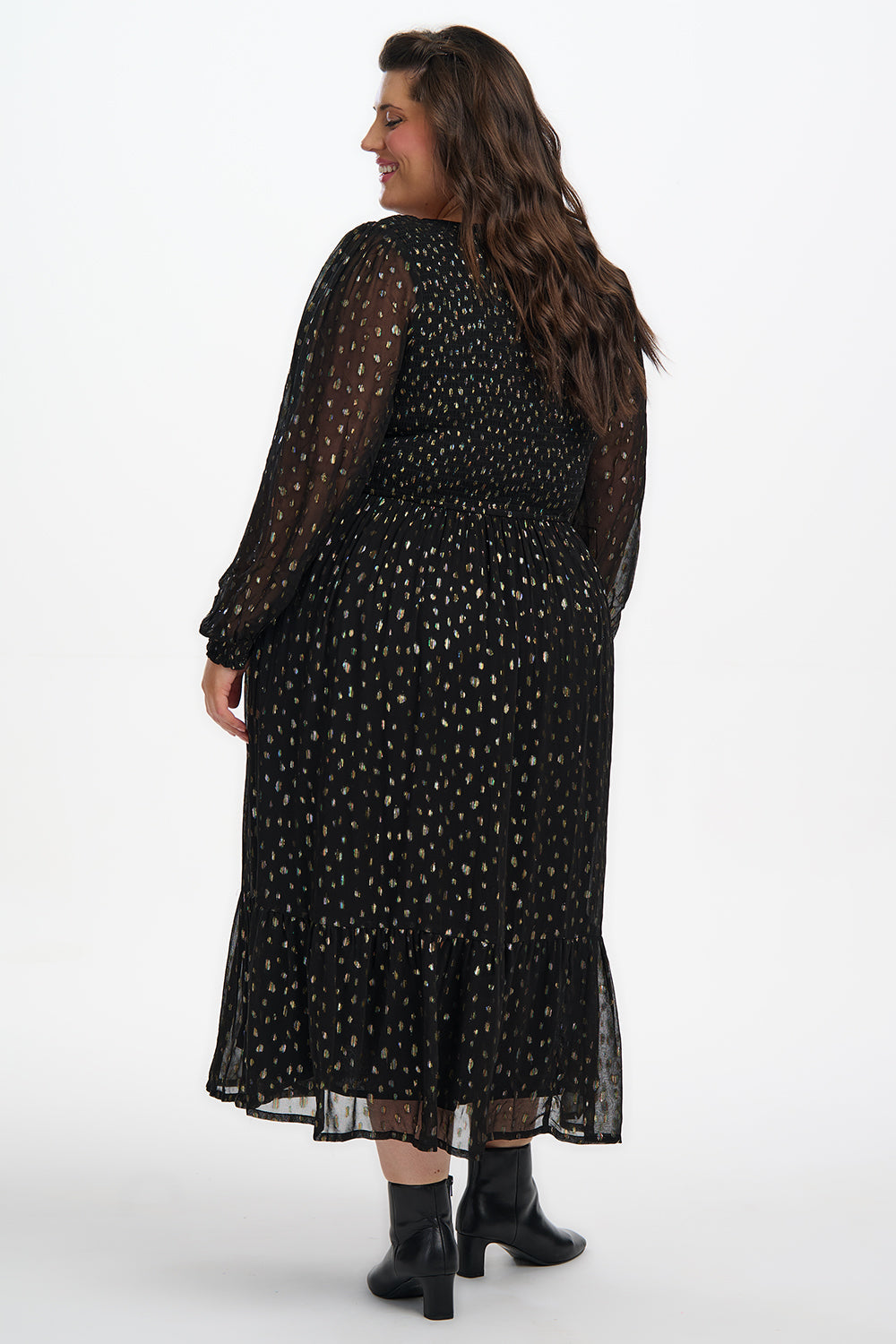 Jacqueline Shirred Midi Dress - Black, Metallic Spot