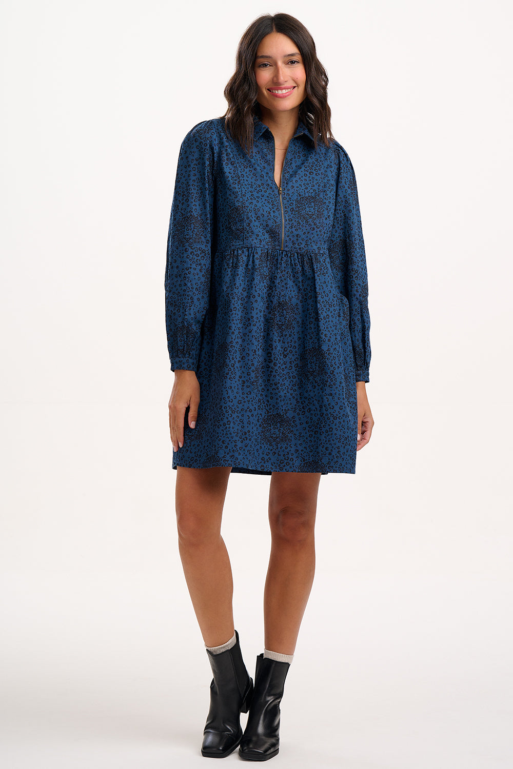 Karen Mini Smock Dress - Petrol Navy, Hidden Leopard