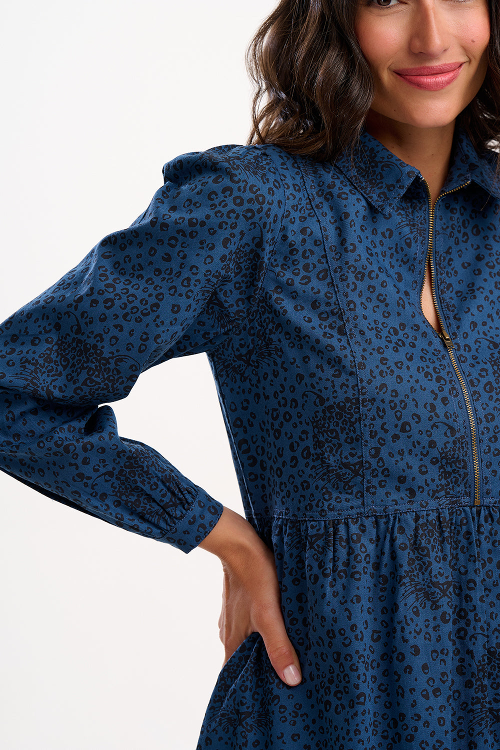 Karen Mini Smock Dress - Petrol Navy, Hidden Leopard