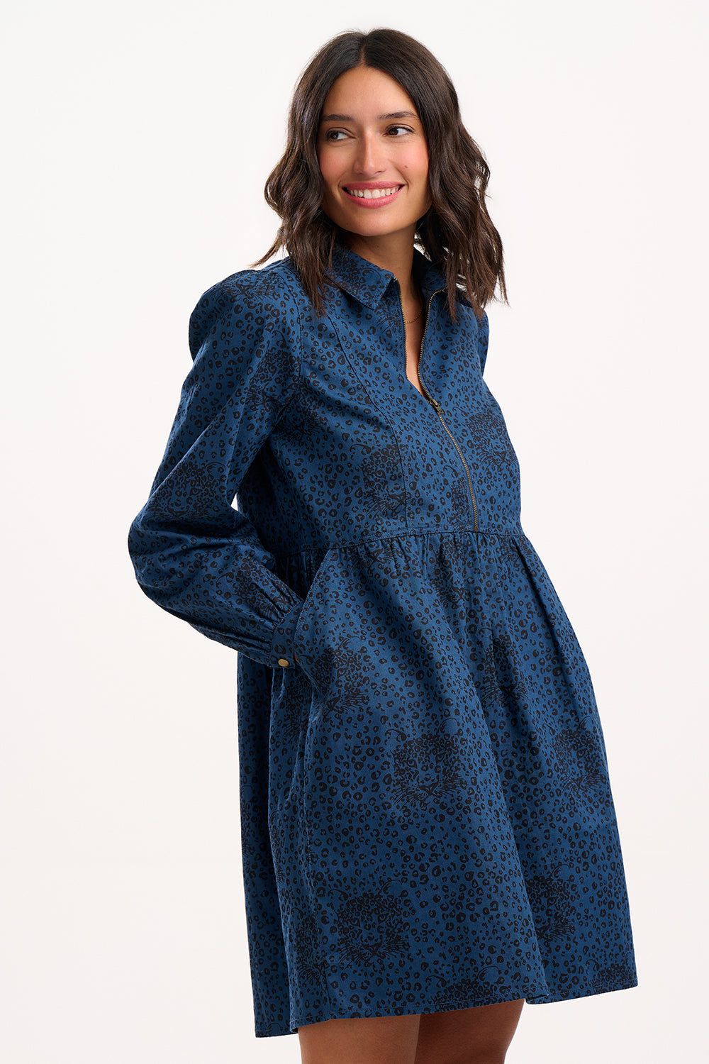 Karen Mini Smock Dress - Petrol Navy, Hidden Leopard