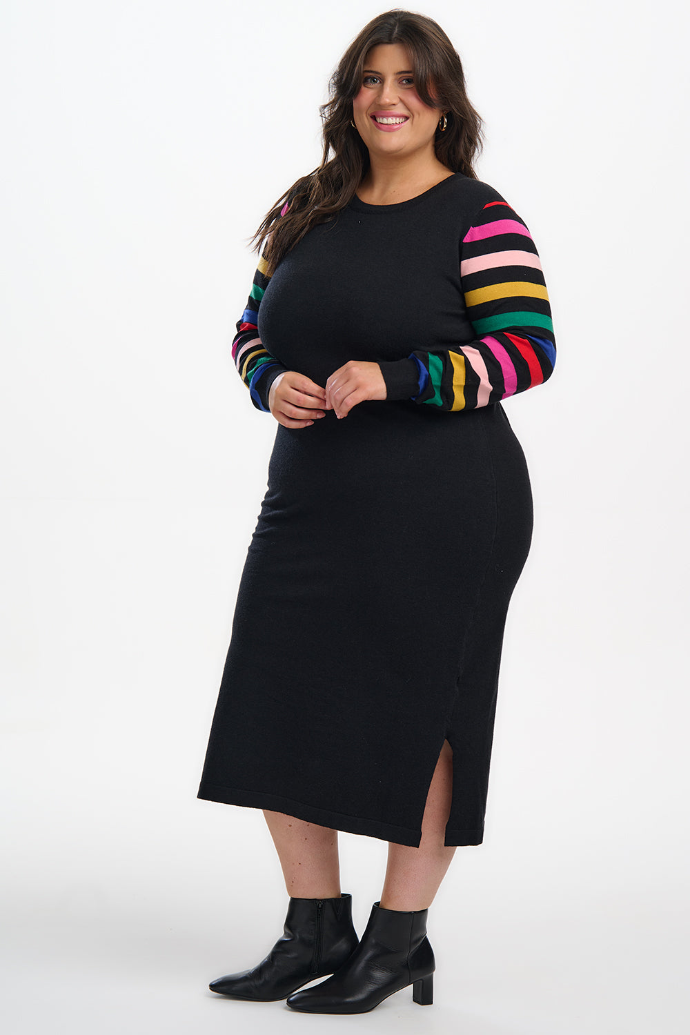 Liselle Knit Midi Dress - Black, Rainbow Sleeves