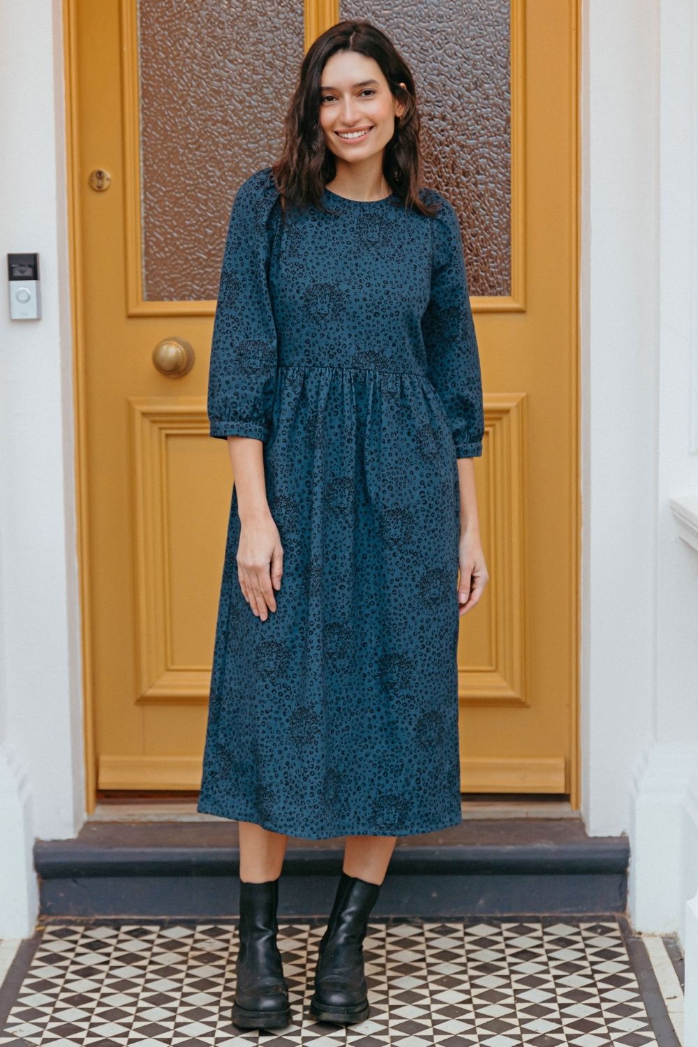Maria Midi Smock Dress - Petrol Navy, Hidden Leopard