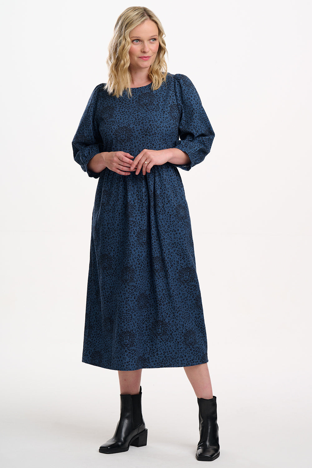 Maria Midi Smock Dress - Petrol Navy, Hidden Leopard