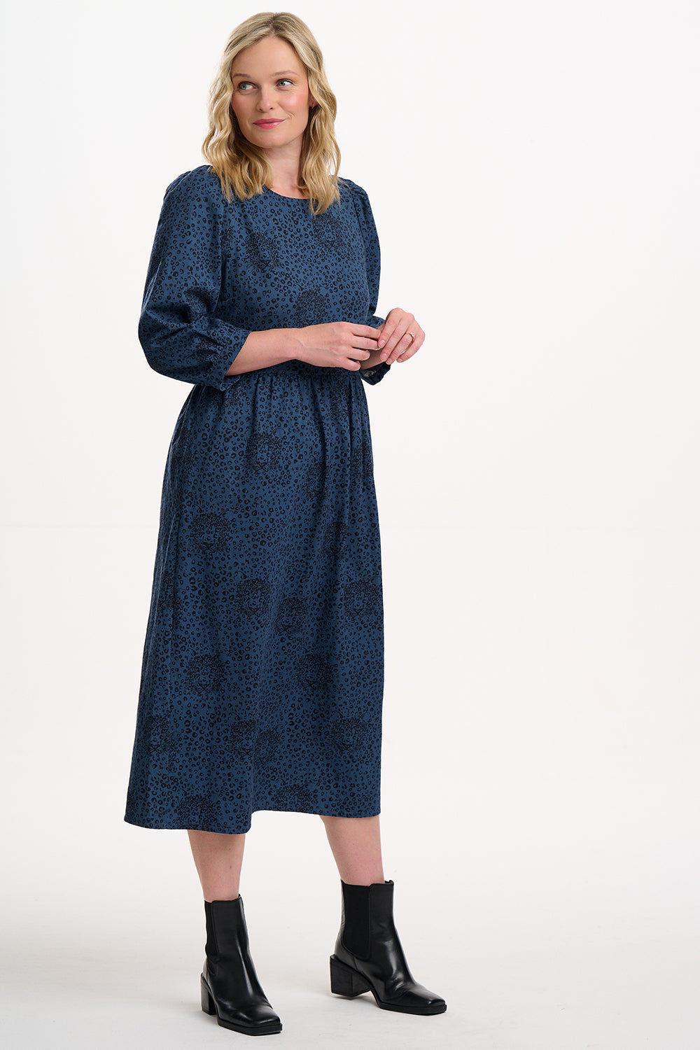 Maria Midi Smock Dress - Petrol Navy, Hidden Leopard